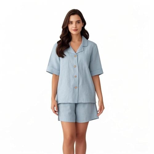 Simple&Opulence Women's 100% Linen Pajama Set, Short Sleeve Shirt and Shorts